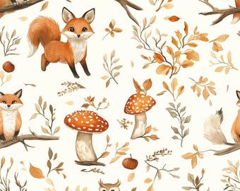 Woodland Autumn Fabric | Foxes Owls Mushrooms on Cream | Fall Quilting Cotton | Fat Quarter or By the Yard