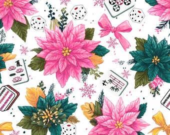 Hand Painted Mahjong Christmas Fabric - Pink Poinsettia Cotton by the Yard for Holiday Crafts