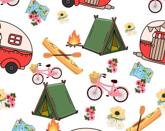 Retro Camping Fabric - Campers, Tents, Kayaks & Wildflowers, Royal Blue, Sewing