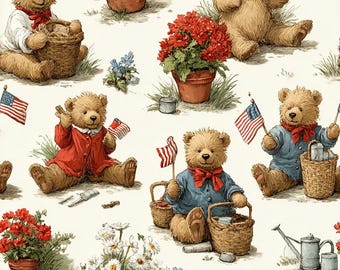Patriotic Teddy Bear Fabric, Vintage Americana Quilting Cotton, Fourth of July Bear with Flags Print, Heritage Red White Blue Cotton