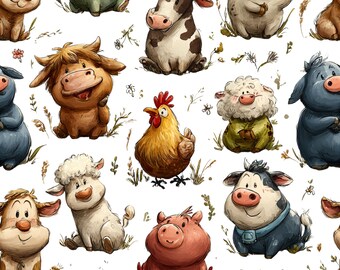 Farm Animal Fabric By the Yard Baby Fabric Whimsical Cow Pig Sheep Chicken Hand Drawn Cotton Fabric Nursery Sewing Quilting Craft - White
