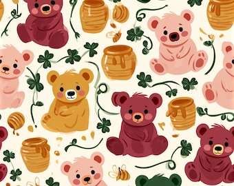 Bright Bear Cubs and Honey Fabric | Colorful Bears Bees Clover on Cream | Quilting Cotton | By the Yard
