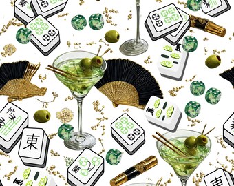 Mahjong Martini Sewing Fabric - Chinoiserie Cocktail Lounge, Gold Fans & Dice