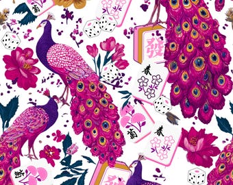 Mahjong Peacock Fabric: Jewel Tone Floral Cotton for Quilting and Sewing Projects