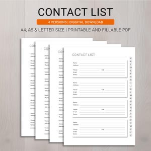 Contacts List Printable, Address Book Organizer, Contact Information Tracker, A4 A5 Letter PDF, Editable Contact Log, Instant Download