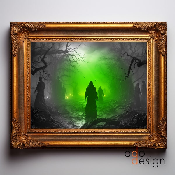 Ethereal Green Dark Forest and Creatures - Halloween Digital Art Download
