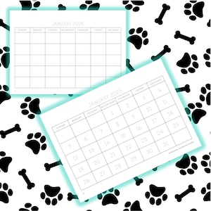 May include: A printable January 2025 calendar with a paw print and bone design. The calendar is divided into two sections, one with a blank grid and the other with numbered days.