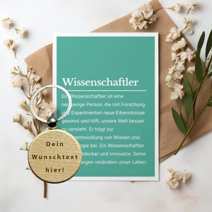 Wissenschaftler Geschenk Karte mit personalisiertem Schlüsselanhänger aus Holz, Forschung, Universität, Hochschule, FH, Uni, Studium, Labor