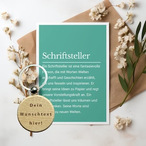 Schriftsteller Geschenk Karte mit personalisiertem Schlüsselanhänger Holz, Autorin, Bücher schreiben, Kinderbuchautor, Romanautorin, Romane