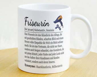 Friseurin Geschenk Tasse, Definition, Kaffeetasse mit Spruch und Motiv, Kaffeebecher, Azubine Geschenk, Geburtstag, Weihnachten, Danke, Idee