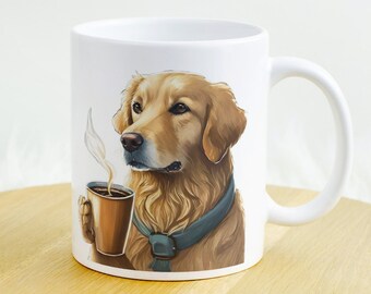 Golden Retriever beim Kaffee trinken, Beidseitig bedruckt, Geschenk für Goldie Besitzer und Liebhaber, Kaffeetasse mit Motiv, hochauflösend