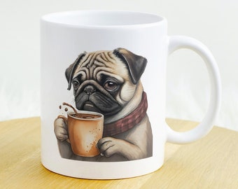 Mops beim Kaffee trinken, Beidseitig bedruckt, Geschenk für Mops Besitzer und Liebhaber, Kaffeetasse mit Mops Motiv, Hunde, hochauflösend