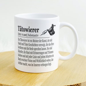 Geschenkbeker voor tatoeëerders, aan beide zijden bedrukt, personaliseerbaar met naam, verjaardag, bedankje, afscheid, opening. Inauguratie, tattoostudio