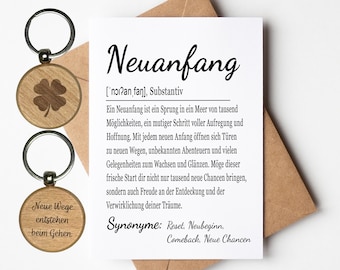 New beginning card with envelope and key ring engraved on both sides, new job, encouragement gift, job change colleague, farewell gift