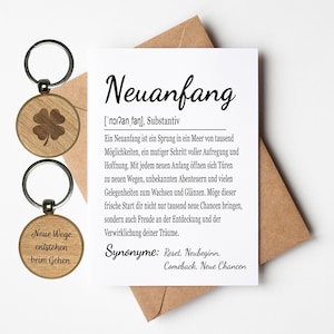 Nieuwe startkaart met envelop en sleutelhanger aan beide zijden gegraveerd, nieuwe stagiaires, welkomstgeschenk, afscheid, team, studie, examen