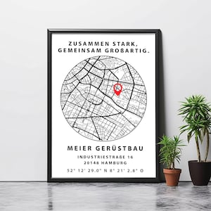 May include: Black and white illustration of a city map with a red pin marking a location. The text "ZUSAMMEN STARK, GEMEINSAM GROBARTIG." is at the top of the image. The text "MEIER GER&Uuml;STBAU INDUSTRIESTRABE 16 20148 HAMBURG 52&deg; 12' 29.0" N 8&deg; 21' 2.8" O" is at the bottom of the image.