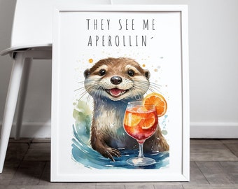 Aperol Spritz Bild Otter, Bar Deko, Cocktail Poster, süßes Bild für die Küche oder das Eszimmer, Beach Bar, Restaurant Wanddeko, aquarell