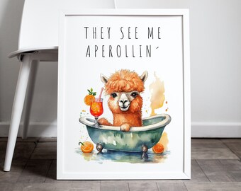 Badezimmer Poster, Alpaka beim Aperol Spritz trinken in der Badewanne, Poster mit und ohne Rahmen, Gäste WC, Toilette, Deko Bad, Gästeklo