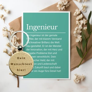 Ingenieur Geschenk Karte mit personalisiertem Schlüsselanhänger aus Holz, Masdchinenbau, Studium, Ingenieurwissenschaft, Bachelor, Master