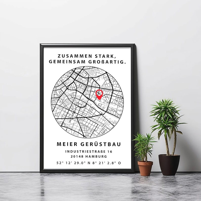 May include: Black and white illustration of a city map with a red pin marking a location. The text "ZUSAMMEN STARK, GEMEINSAM GROBARTIG." is at the top of the image. The text "MEIER GER&Uuml;STBAU INDUSTRIESTRABE 16 20148 HAMBURG 52&deg; 12' 29.0" N 8&deg; 21' 2.8" O" is at the bottom of the image.