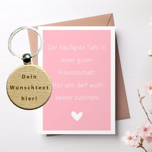Karte "Uns darf auch keiner zuhören" mit Umschlag und personalisiertem Schlüsselanhänger Holz, Gravur, Freundinnen, Spruchkarte, Freunde