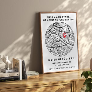 May include: Black and white poster with a map of a city and the text "Zusammen stark, gemeinsam gro&szlig;artig."  The poster also includes the text "Meier Ger&uuml;stbau", "Industriestra&szlig;e 16", "20148 Hamburg", and "52&deg; 12' 29.0" N 8&deg; 21' 2.8" O".