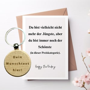 Verjaardagskaart met spreuk en envelop met gepersonaliseerde houten sleutelhanger, lasergravure, wenskaart, spreukkaart, bedankje