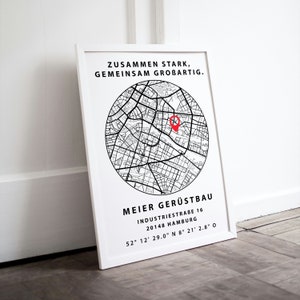 May include: A black and white map of a city with a red pin marking a location. The text "ZUSAMMEN STARK, GEMEINSAM GROBARTIG." is at the top of the map. Below the map is the text "MEIER GER&Uuml;STBAU INDUSTRIESTRABE 16 20148 HAMBURG 52&deg; 12' 29.0" N 8&deg; 21' 2.8" O"