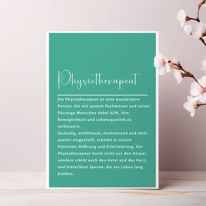 May include: A teal green card with white text that reads "Physiotherapeut" and a definition of the word in German. The card is on a white surface with a branch of white flowers in the background.