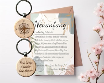 Nieuw begin kaart A6 met houten sleutelhanger voor afscheid nemen van collega's en vrienden, verhuizen, appartement, nieuwe start, baanwissel, reizen, universiteit