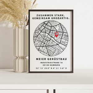 May include: Black and white map print with a red pin marking a location. The text reads "Zusammen Stark, Gemeinsam Grobartig."  "Meier Ger&uuml;stbau"  "Industriestra&szlig;e 16"  "20148 Hamburg"  "52&deg; 12' 29.0" N 8&deg; 21' 2.8" O"