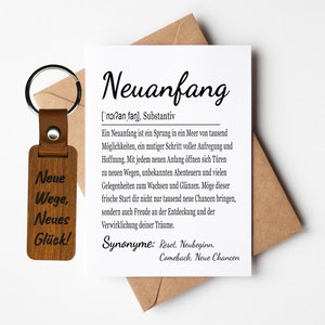 Neuanfang Karte mit Umschlag und Schlüsselanhänger Mahagoni Holz, Neue Wege neues Glück, Spruch, Mutmacher Geschenk, Abschiedsgeschenk, Job