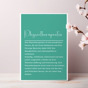 May include: A teal blue card with white text that reads "Physiotherapeutin". The text describes a physiotherapist as a caring and helpful person who improves mobility and quality of life.