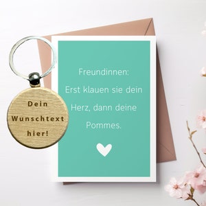 Lusrtige Karte "Herz klauen, Pommes Klauen" mit Umschlag und personalisiertem Schlüsselanhänger Holz, Gravur, Freundinnen, Spruchkarte