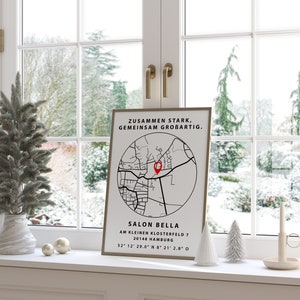May include: A black and white poster with a map of a neighborhood and the text "Zusammen Stark, Gemeinsam Grobartig."  The poster also includes the text "Salon Bella, Am Kleinen Klosterfeld 7, 20148 Hamburg, 52&deg; 12' 29.0" N 8&deg; 21' 2.8" O".