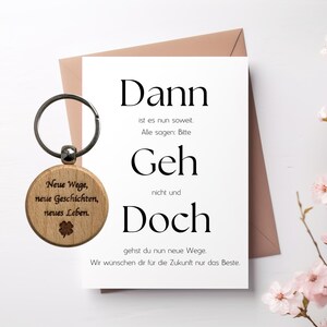 Afscheidskaart met sleutelhanger en envelop, nieuwe baan, bemoedigend cadeau, collega bij baanwisseling, afscheidscadeau, grappige spreuk