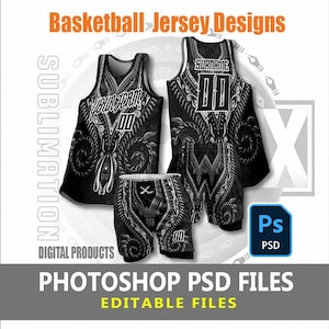 May include: Black and white basketball jersey design with tribal patterns and the text "YOUR TEAM" and "00".  The design is available as a Photoshop PSD file.