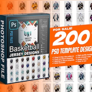 May include: A mockup of a basketball jersey design template. The image shows a variety of different jersey designs, including different colours, patterns, and logos. The text "FOR SALE! 200+ PSD TEMPLATE DESIGNS" is displayed on the image.