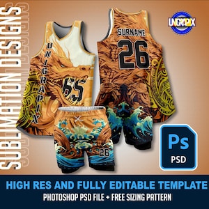 Può includere: Un modello di design per sublimazione per una maglia e pantaloncini da basket. La maglia presenta una grafica di un drago con il numero 65 e il testo "UNIGRAPIX". I pantaloncini presentano un motivo a onde con il numero 26. Il modello è completamente modificabile in Photoshop.