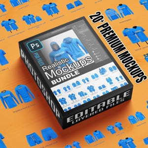 Könnte beinhalten: Eine Box mit über 20 Premium-PSD-Dateien für realistische Sportbekleidungs-Mockups, die bearbeitbar und in Ebenen angeordnet sind. Die Box ist geöffnet und zeigt eine Vielzahl von Mockups, darunter T-Shirts, Langarmshirts, Hoodies, Tanktops, Shorts und Trikots. Die Mockups sind alle in Blau und Weiß.