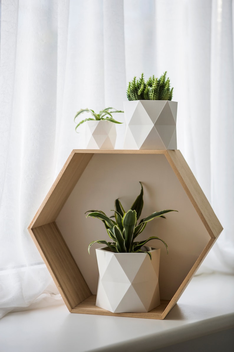 Set of White Pots, 3D Printed Geometric Cactus Planter Set for Indoors Home Decor, Unique Gift for Plant Lower image 1