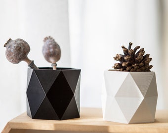 Set of Small Black White Plant Pots, 3D Printed Geometric Cactus Planter Set for Indoors Home Decor,  Unique Gift for Plant Lover