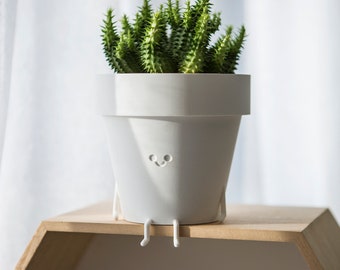 Vaso bianco con faccia felice, fioriera minimalista stampata in 3D per la decorazione domestica, vaso succulento cactus unico, regalo per l'amico amante delle piante