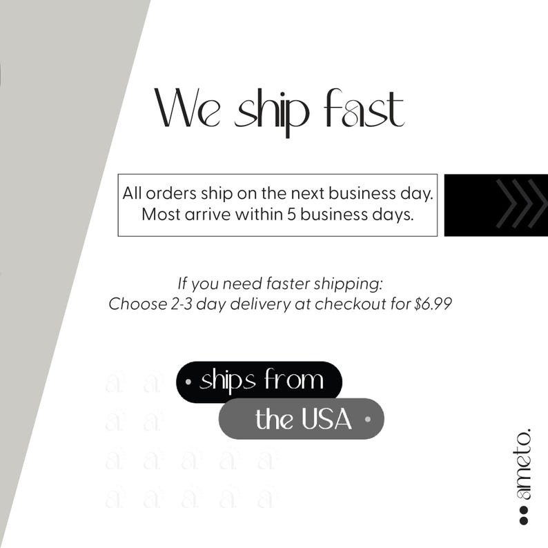 Pode incluir: Fundo branco com o texto "We ship fast". Texto adicional indica que as encomendas s&atilde;o enviadas no dia &uacute;til seguinte e chegam em 5 dias &uacute;teis. A imagem tamb&eacute;m diz "ships from the USA."