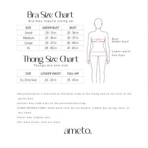 May include: A white size chart for bras and thongs. The bra chart includes sizes small to XL, with measurements in inches for under bust and bust. The thong chart lists one size with measurements for lower waist and full hip in inches. The brand name is ameto.