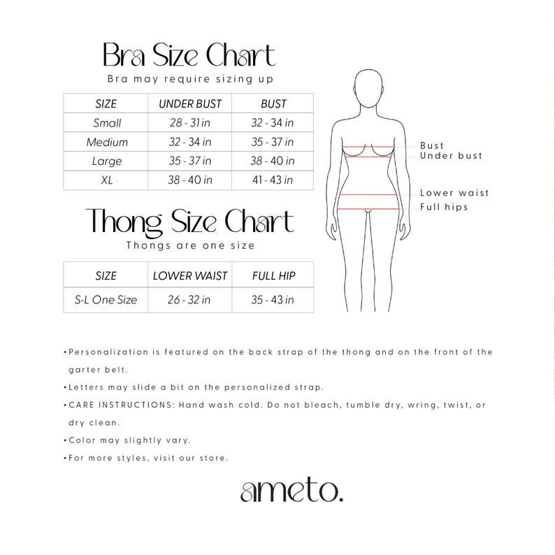 May include: A white size chart for bras and thongs. The bra chart includes sizes small to XL, with measurements in inches for under bust and bust. The thong chart lists one size with measurements for lower waist and full hip in inches. The brand name is ameto.