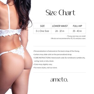 May include: White lace lingerie set with a thong and a matching top. The thong features a delicate lace design with gold accents. The image includes a size chart with measurements in inches and care instructions.