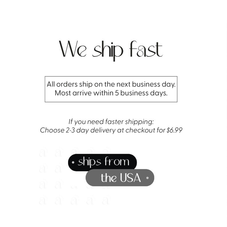 May include: White background with the text "We ship fast." Additional text states that orders ship the next business day and arrive within 5 business days. The image also states "ships from the USA."