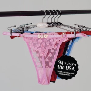 Personalized G-String with Name Charm, Embroidered Mesh Thong