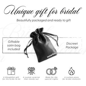 May include: A black satin gift bag with drawstring closure, featuring the brand name "ameto." The image includes text that reads "Unique gift for bridal" and "Giftable satin bag included."